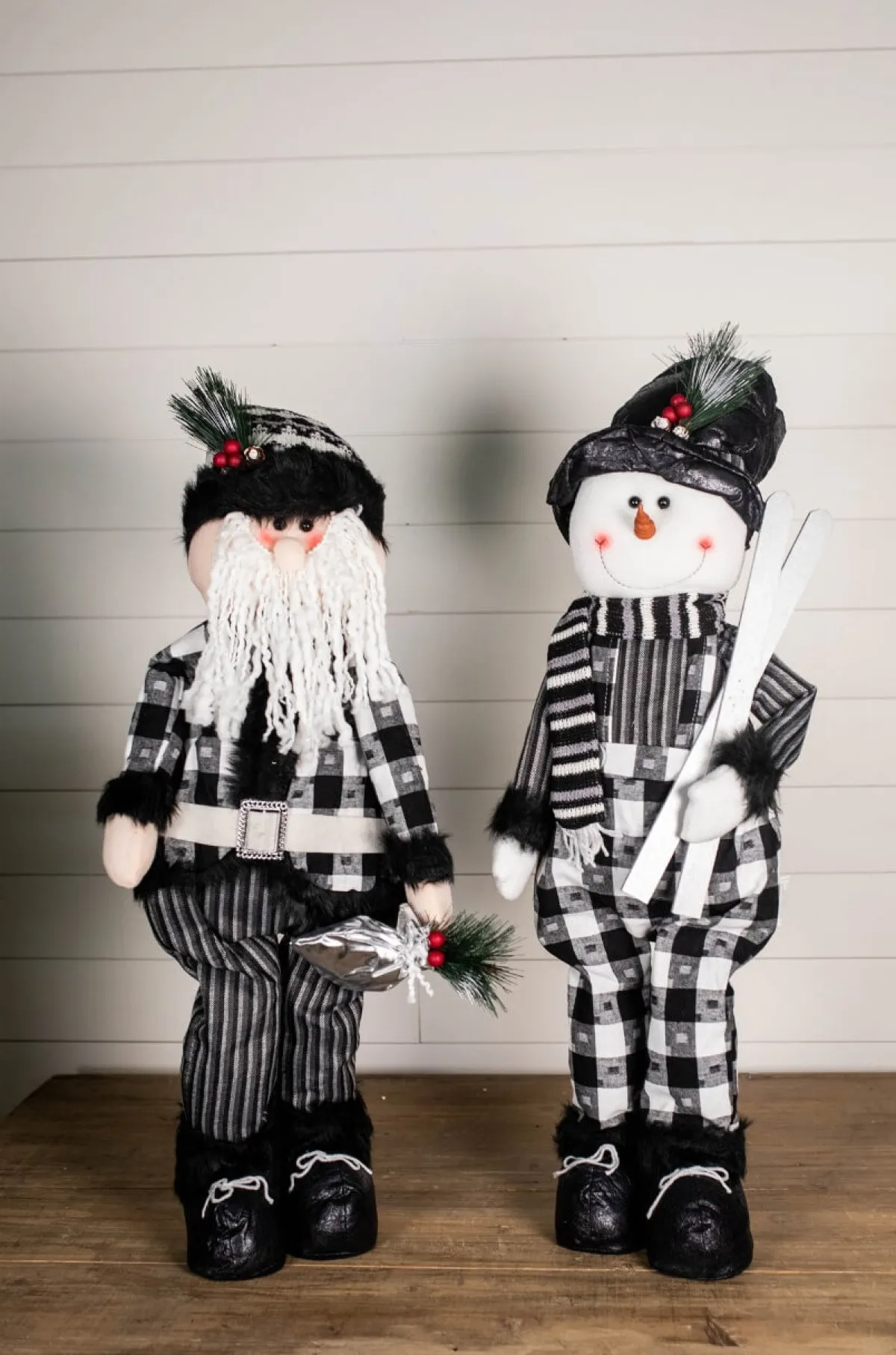 Decorator's Warehouse Christmas Accents^32” Black And White Buffalo Check Santa And Snowman Plush Figurine