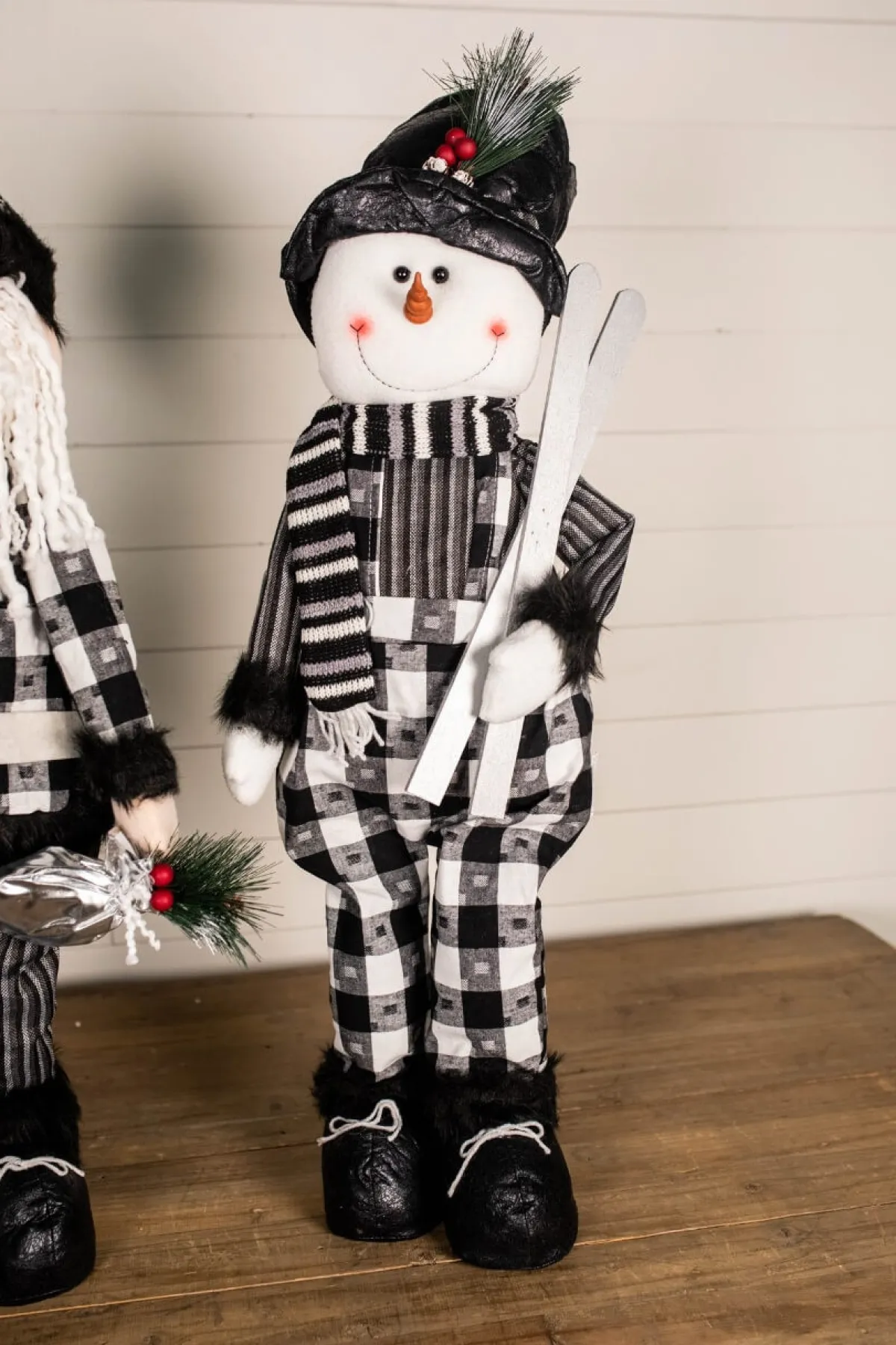 Decorator's Warehouse Christmas Accents^32” Black And White Buffalo Check Santa And Snowman Plush Figurine