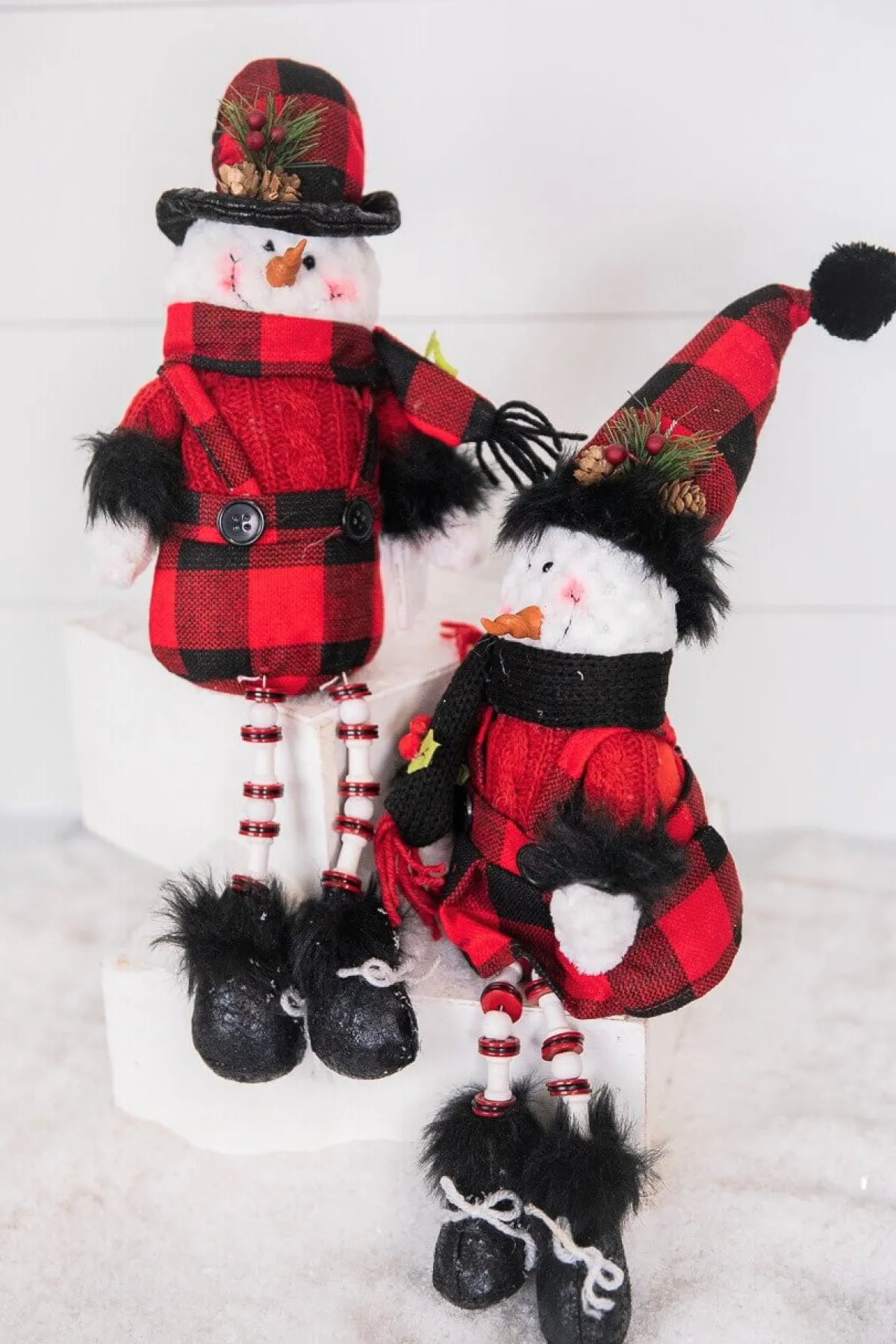 Decorator's Warehouse Christmas Accents^15” Buffalo Check Plush Snowman Shelf Sitter With Dangle Legs