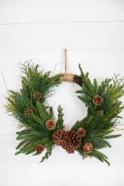 Decorator's Warehouse Christmas Teardrops|Natural Greenery^26” Mixed Greens With Pine Cones Swag Wreath