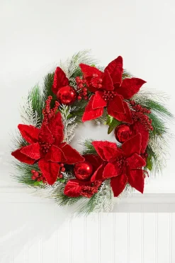 Decorator's Warehouse Christmas Wreaths^22” Poinsettia With Pine Wreath