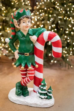 Decorator's Warehouse Christmas Resin^36" Resin Elf Leaning On Candy Cane