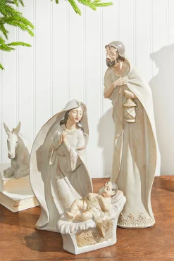 Decorator's Warehouse Christmas Accents^7-18" Whitewash Nativity With Gold Trim - Set Of 9