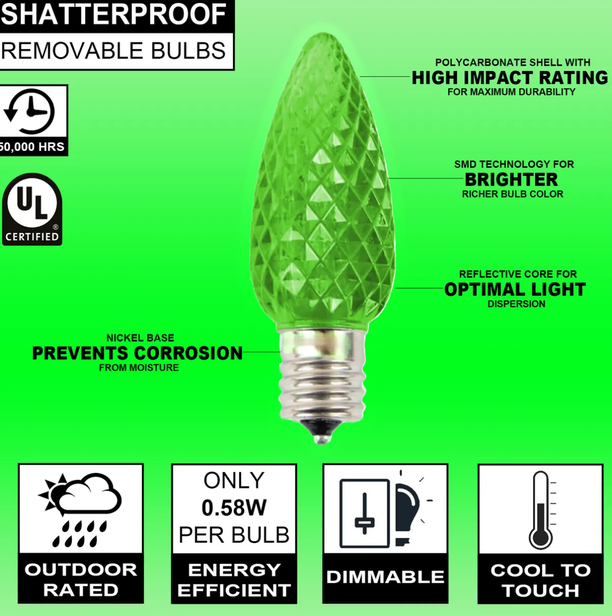 Decorator's Warehouse Bulbs|Outdoor Lighting^C9 Wonderful LED SMD Bulb (25 Bulbs/bag) - Faceted, Green