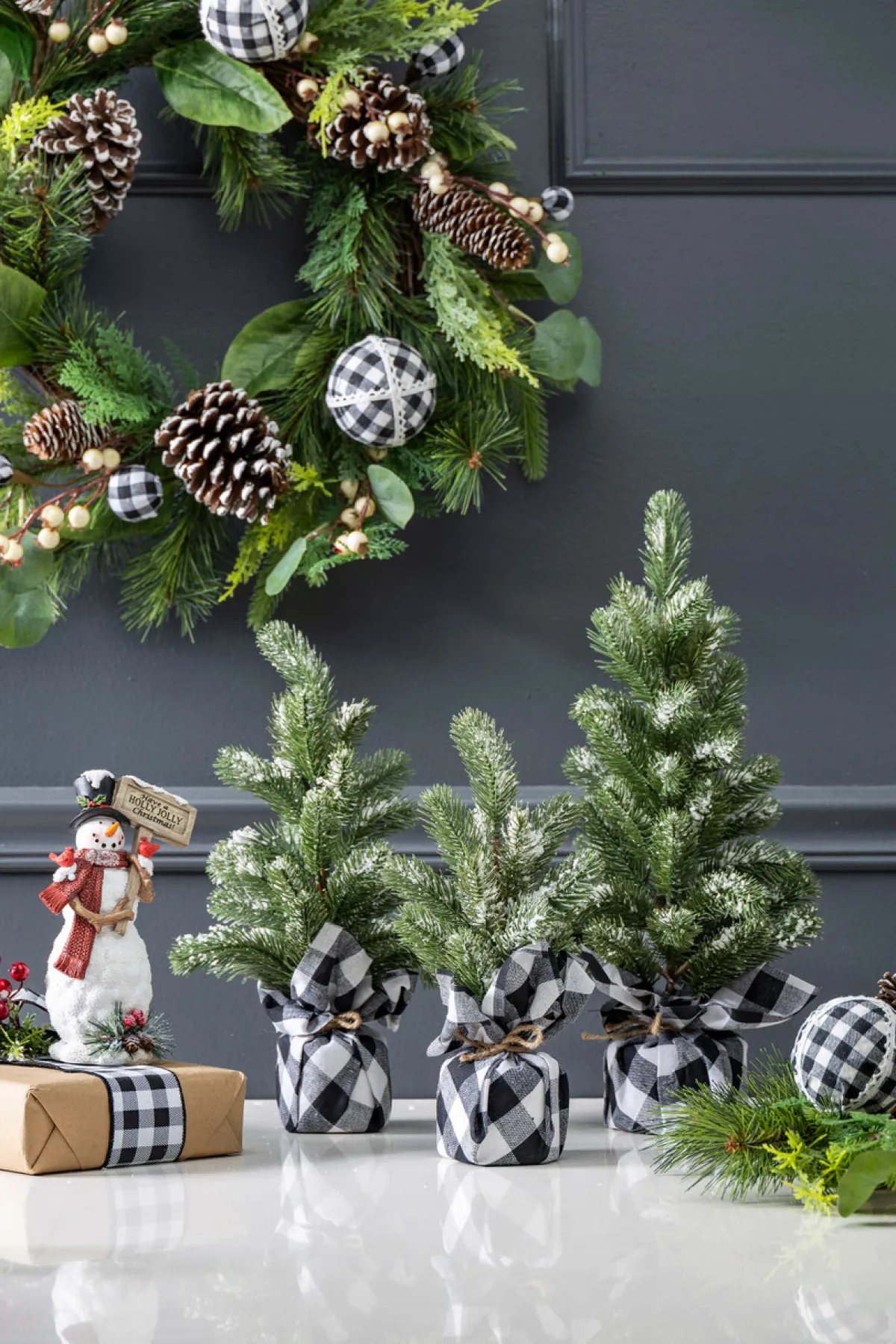 Decorator's Warehouse Christmas Accents^Flocked Pine Tree With Plaid Fabric - Large