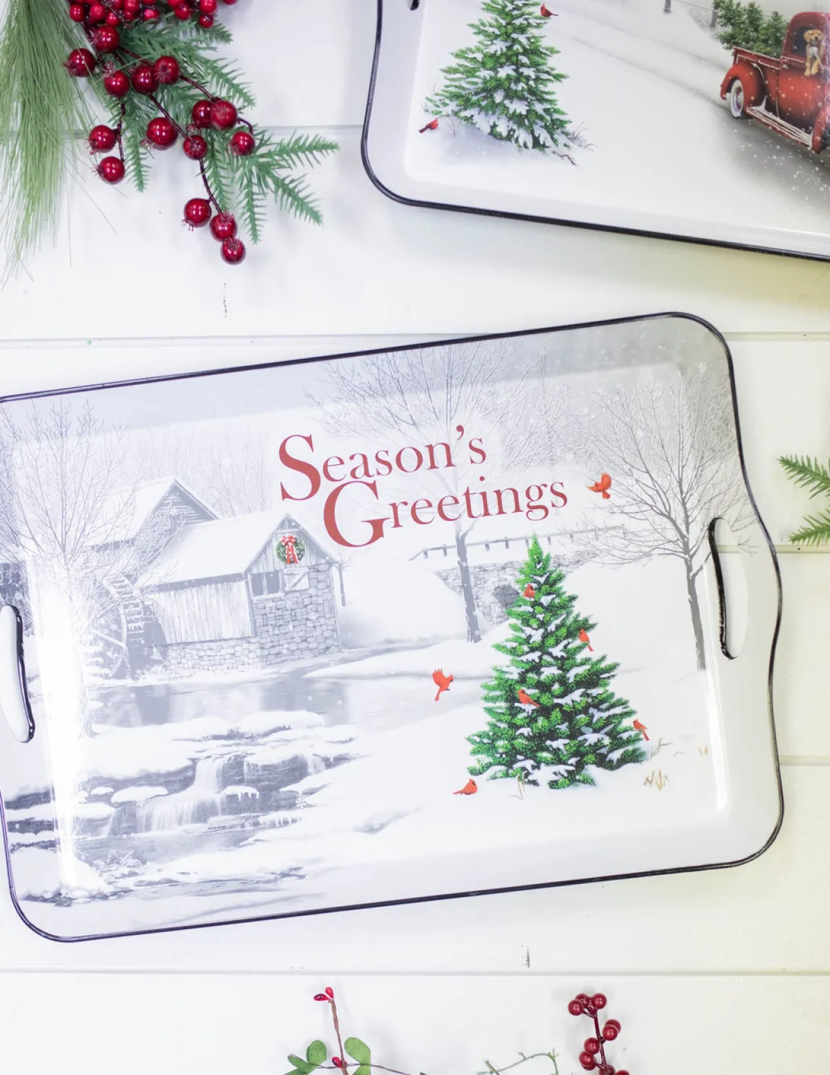 Decorator's Warehouse Christmas Accents^17.3”L Holiday Farmhouse Red Truck Scene Tray