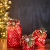 Decorator's Warehouse Christmas Accents^Lighted Holiday Glass Luminary W/ Floral Accent And Timer (battery Operated) - Set Of 3