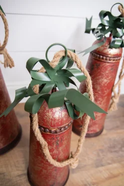 Decorator's Warehouse Christmas Accents^Metal Holiday Bells With Bow & Jute Hanger - Set Of 3